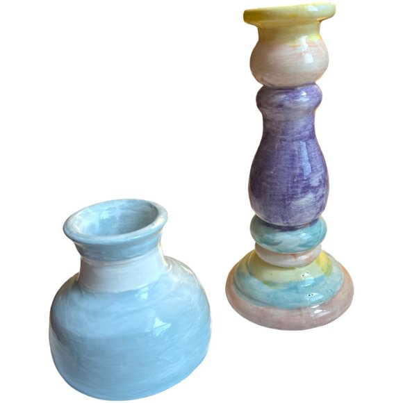 Handpainted Ceramic TAPER CANLDEHOLDER Pastel Colors Watercolor Effect 8"t x 4"w - Picture 9 of 9